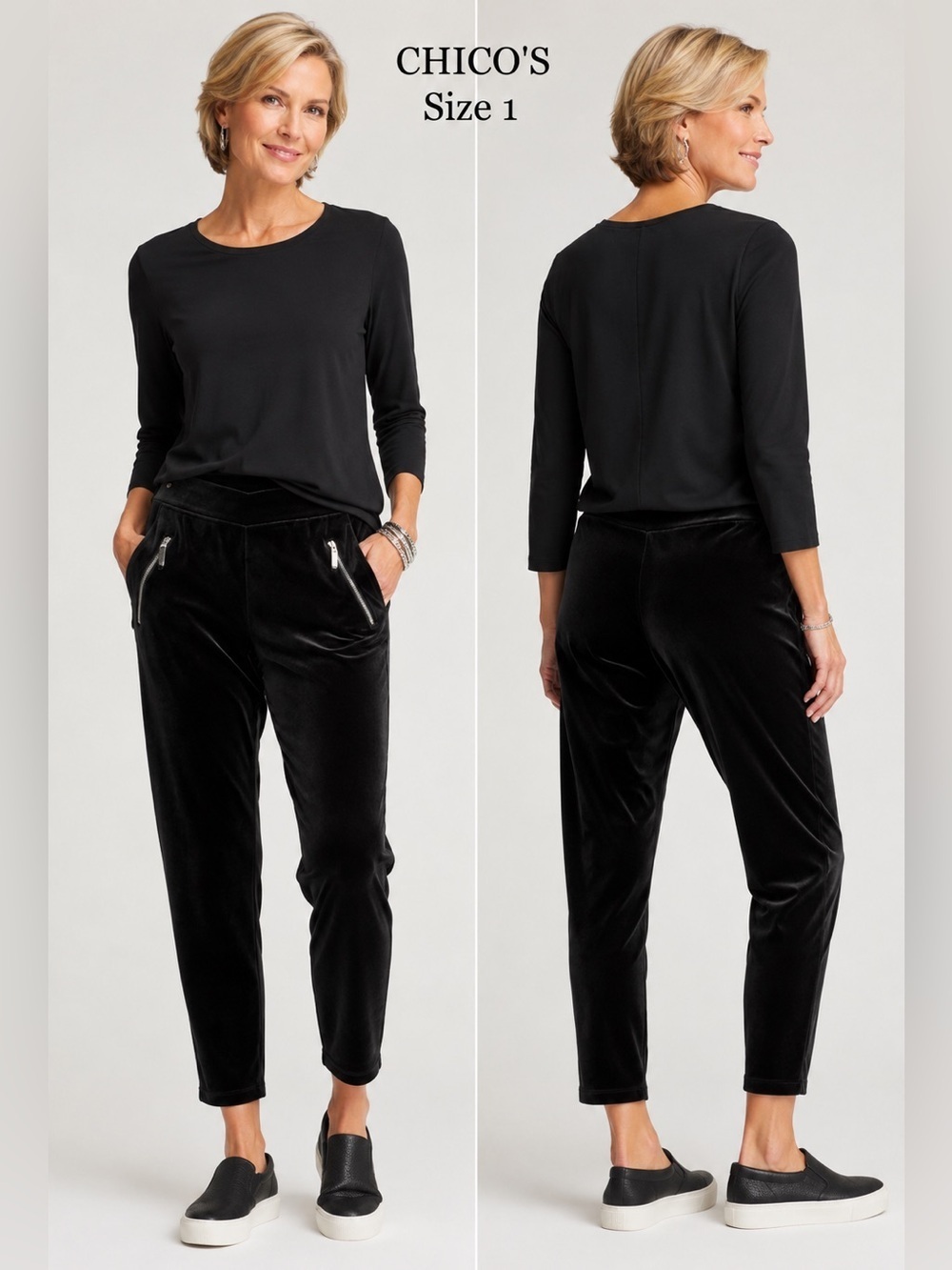CHICOS Black everyday wear Velvet joggers with Silver Zipper Accents/size 1